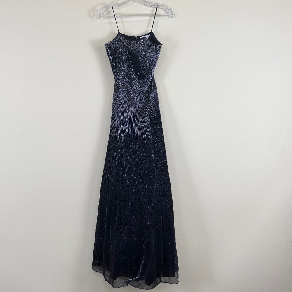 Vintage Black Sequin Mesh Evening Gown Spaghetti Strap Prom Dress Sz 4